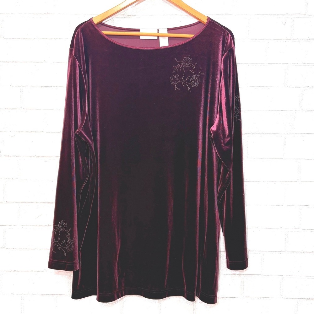 Women Burgundy Velvet Holiday Top Size 2X Christmas Quiet Luxury Elegant Festive
